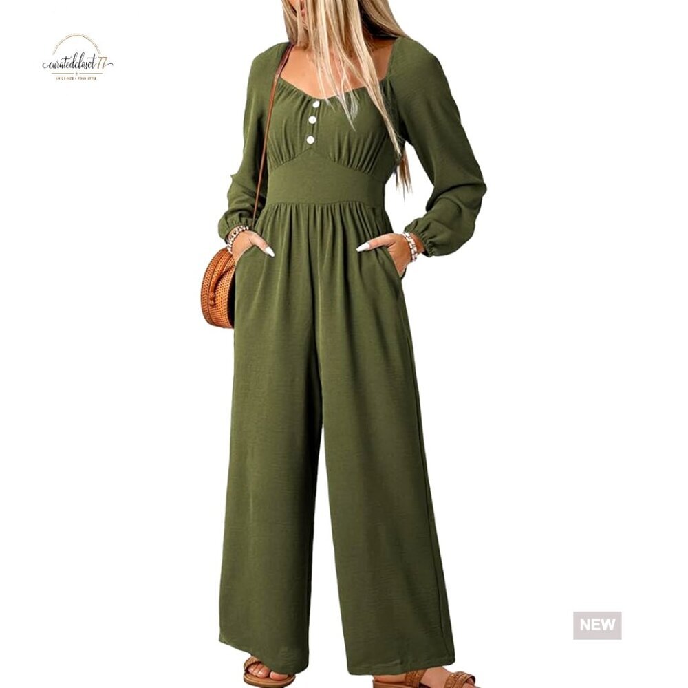 Long Sleeve Square Neck Jumpsuit with Pockets, Smocked Waist, Wide Leg